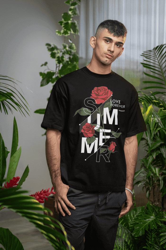 Summer Rose Printed Black Oversized T-Shirt