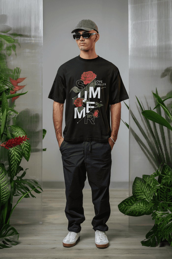 Summer Rose Printed Black Oversized T-Shirt - Image 2