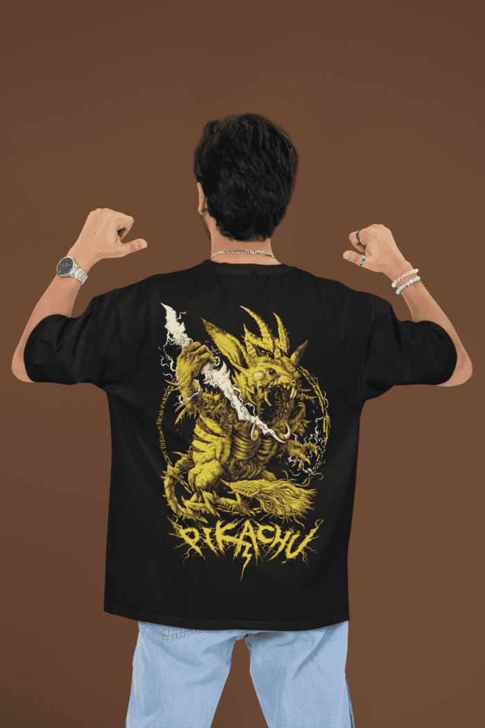 Pikachu Oversized Black Printed T-Shirts CrossX - Image 2