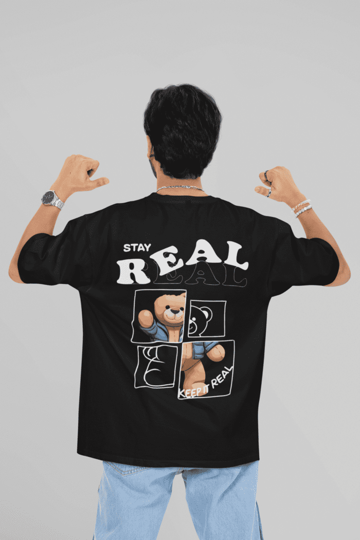 Stay Real Oversized Black Printed T-Shirt CrossX