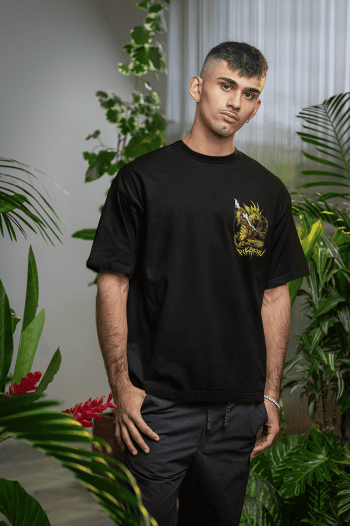 Pikachu Oversized Black Printed T-Shirts CrossX - Image 3