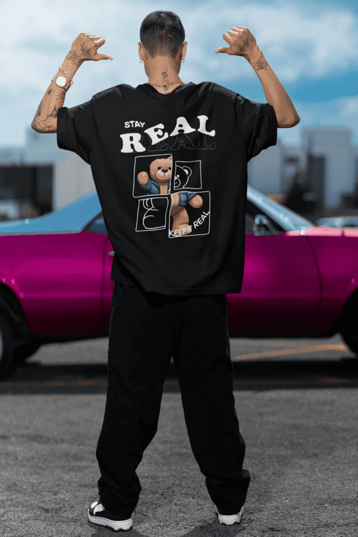 Stay Real Oversized Black Printed T-Shirt CrossX - Image 2