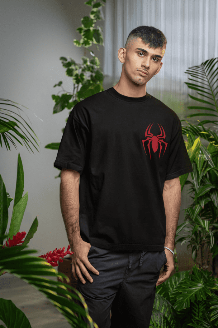 Spider Oversized Black Printed T-Shirts CrossX