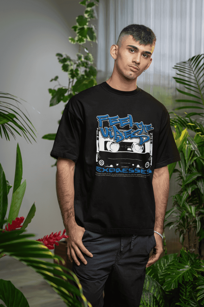Feel The Vibes Oversized Black Printed T-Shirt