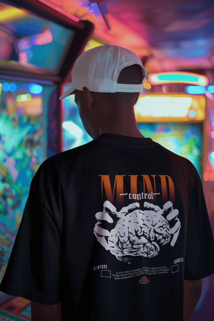 Mind Control Oversized Black Printed T-Shirt