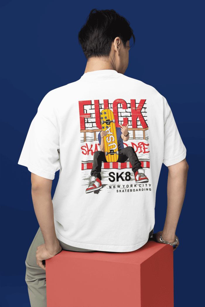 Skateboard Oversized White Printed T-Shirt CrossX